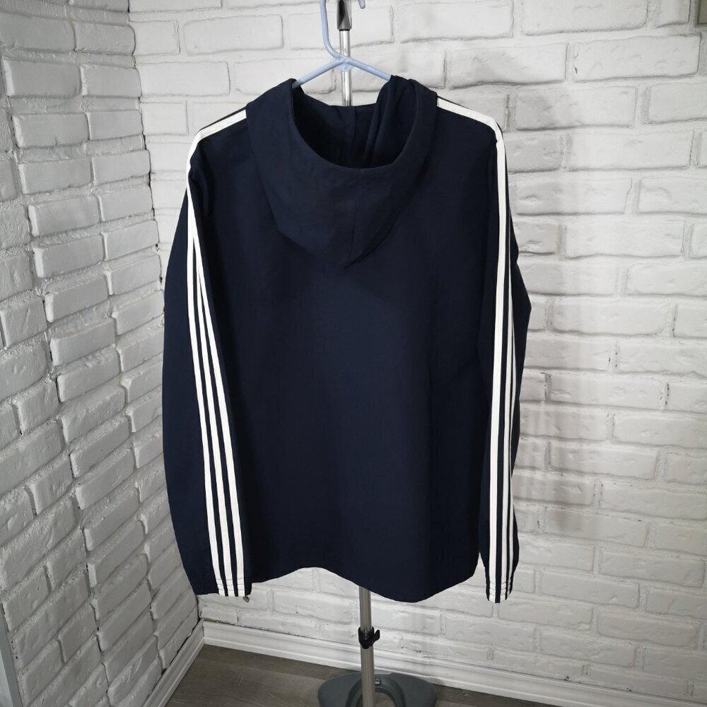 Adidas Men's Size Large Full Zip Navy with White Stripes Drawstring Hoodie - Picture 2 of 13